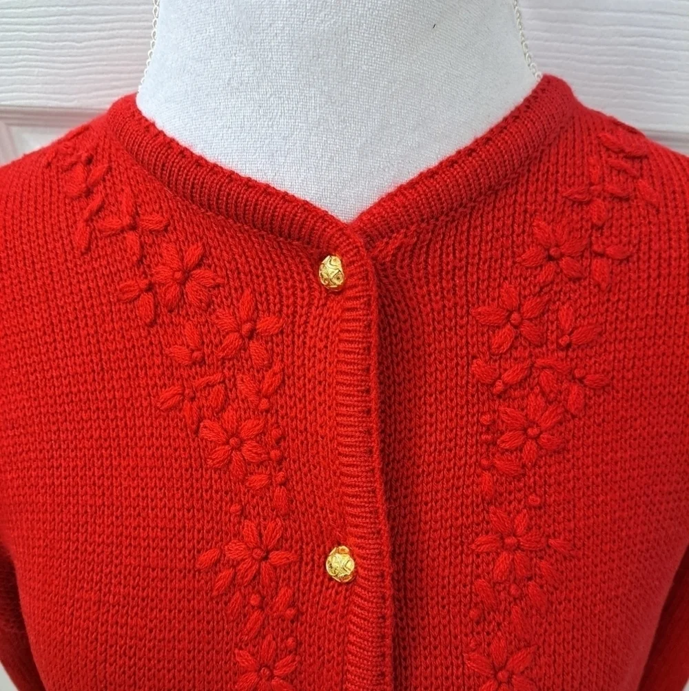 COPY - Vintage Crystal Kobe Red Knit Cardigan With Embroidered Flowers Size XL